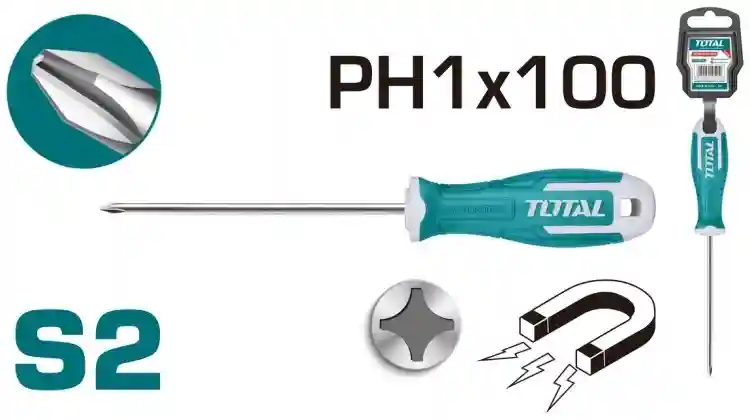 THT26PH1100 - "ТОТАL" Отвёртка S2,
PH1, Ø5,0mm, длинна 100mm